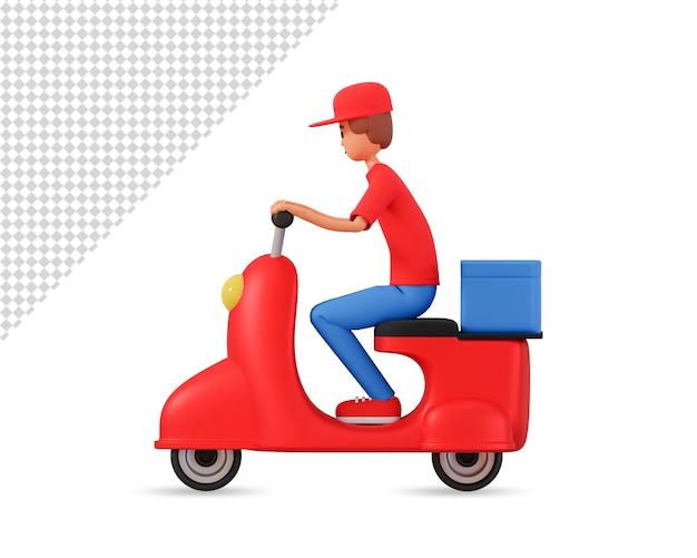 3d illustration of courier in cap driving motor scooter side view