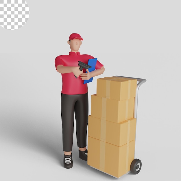 3D иллюстрация курьера, сканирующего груз. Премиум PSD