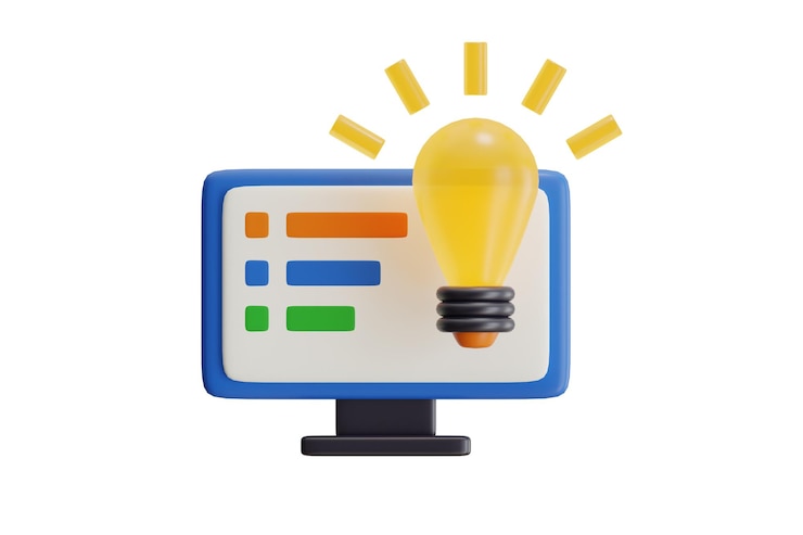 PSD 3d illustration of creative light bulb over computer screen icon