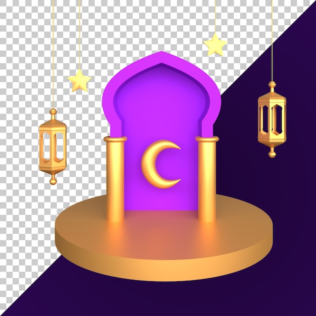 3d illustration of a crescent moon inside the hall  and hanging lights