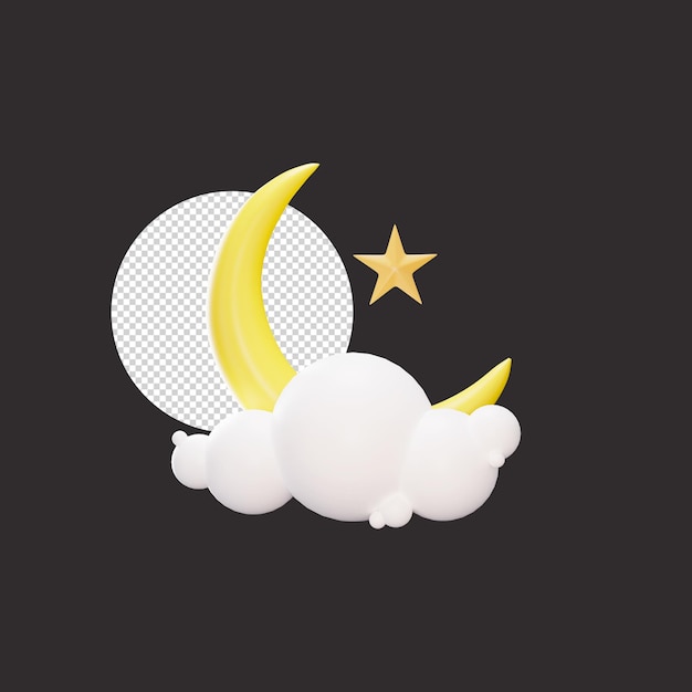 3D Illustration Of Crescent Moon With Star And Cloud Icon Over Black Background