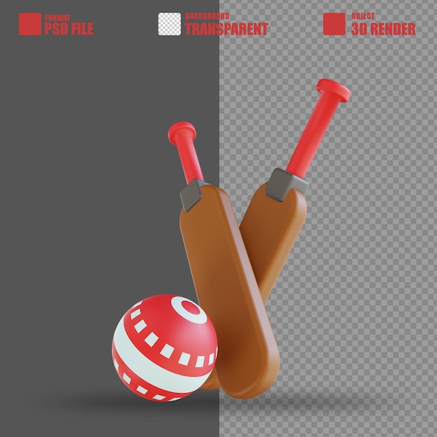 PSD 3d illustration cricket ball and ball bat 2