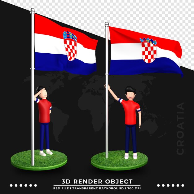 3d illustration of croatia flag with cute people cartoon character. 3d rendering.