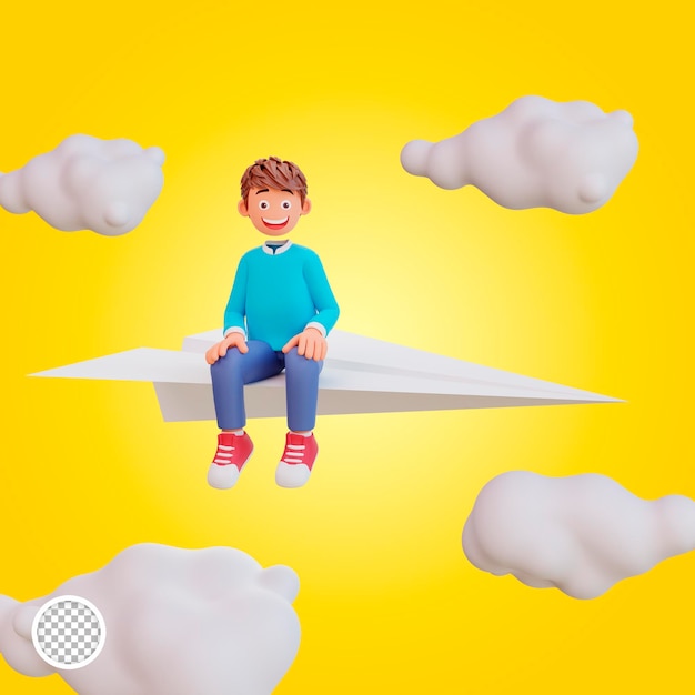 3d illustration cute boy sit on paper plane