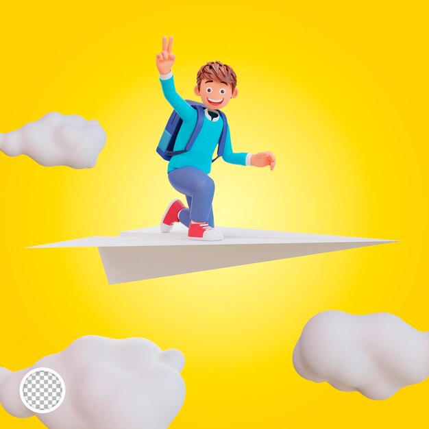 3dイラストかわいい男の子が紙飛行機に座る