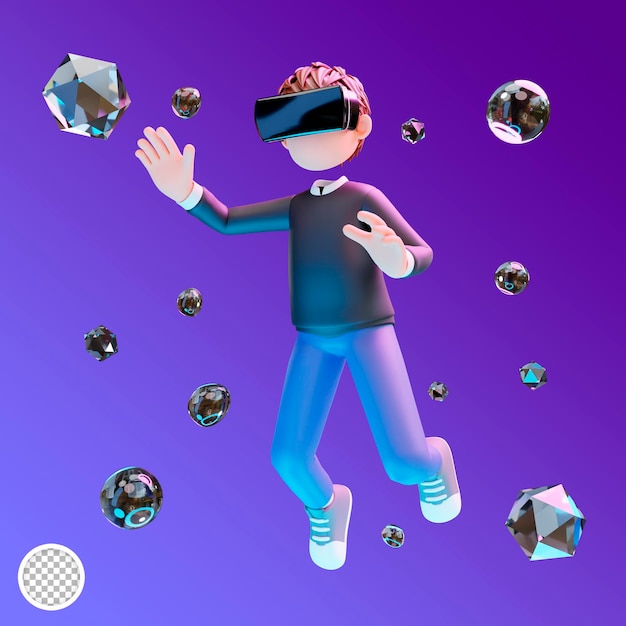 PSD 3d illustration cute boy wearing vr glasses with gradient background