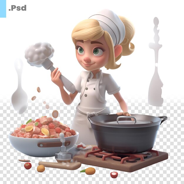 PSD 3d illustration of a cute cartoon chef cooking in the kitchen psd template