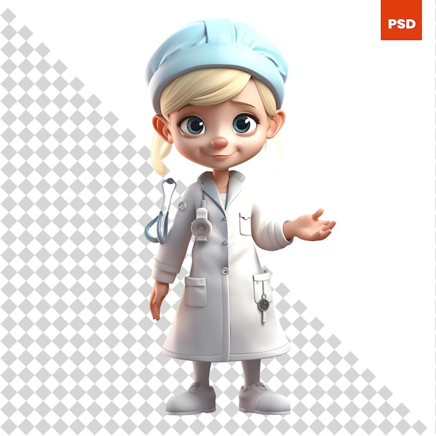 PSD 3d illustration of a cute cartoon doctor with stethoscope and cap