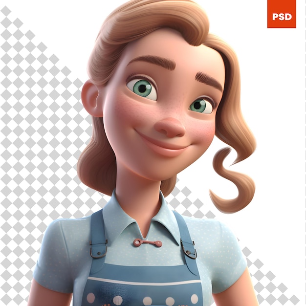 PSD 3d illustration of a cute cartoon girl in apron smiling