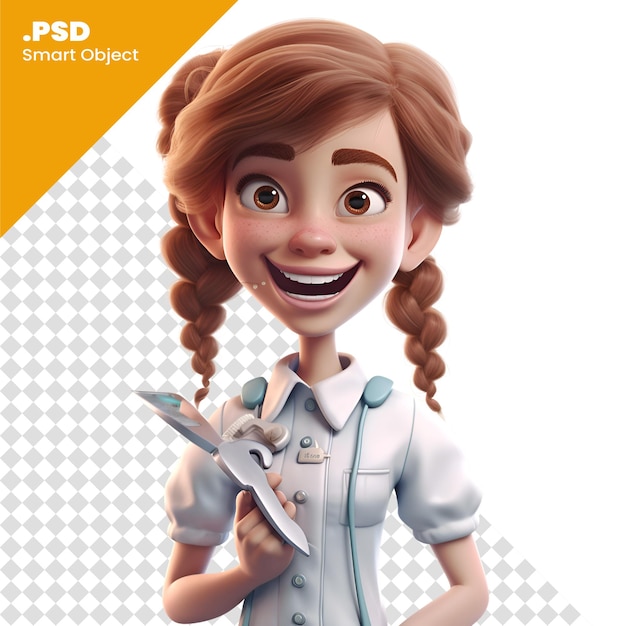 3d illustration of a cute cartoon girl holding a pair of scissors psd template