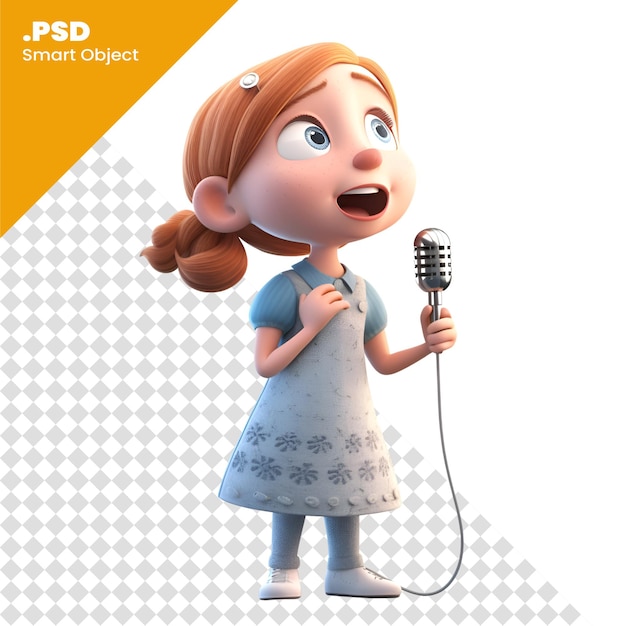 PSD illustrazione 3d di una ragazza carina cartone animato che canta con un microfono. modello psd