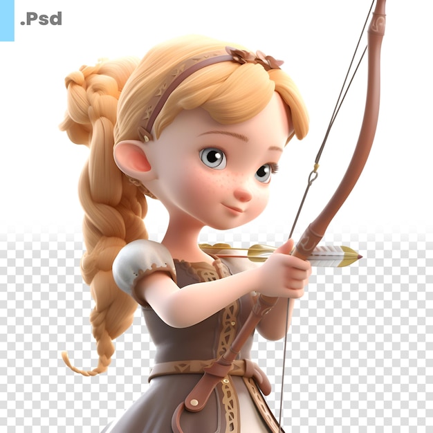 PSD 3d illustration of a cute cartoon girl with a bow and arrow psd template