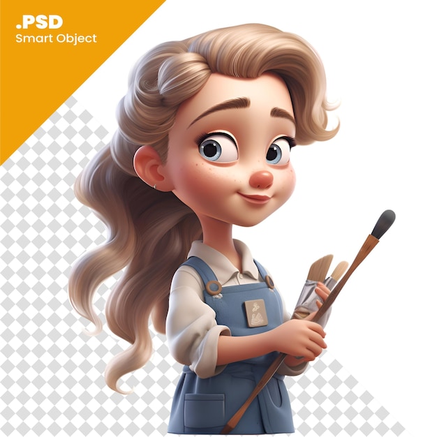 PSD 3d illustration of a cute cartoon girl with paintbrushes. psd template