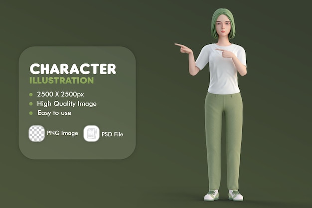 右手を指差すかわいいカジュアルな女性の3Dイラストは両手を使う