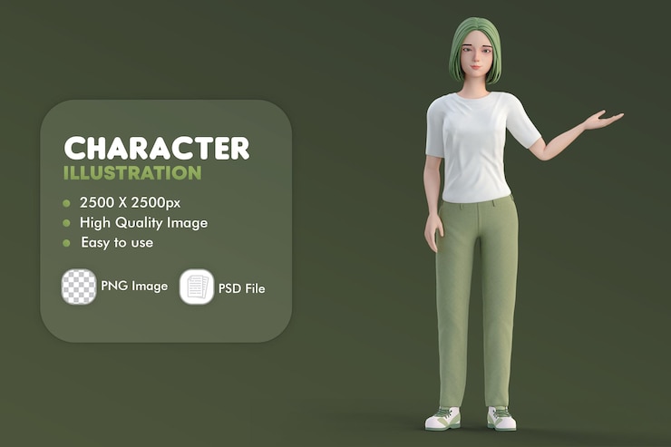 PSD 3d illustration of cute casual woman presenting at left side