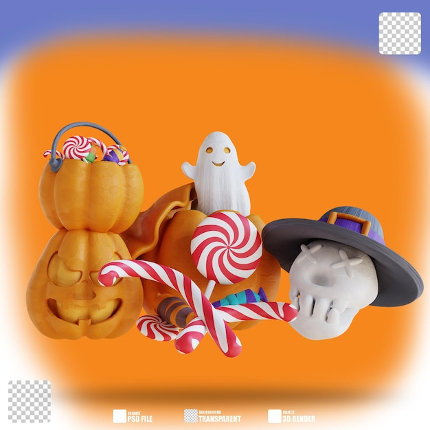 PSD 3d illustration cute ghost pumpkin candy and skull 3