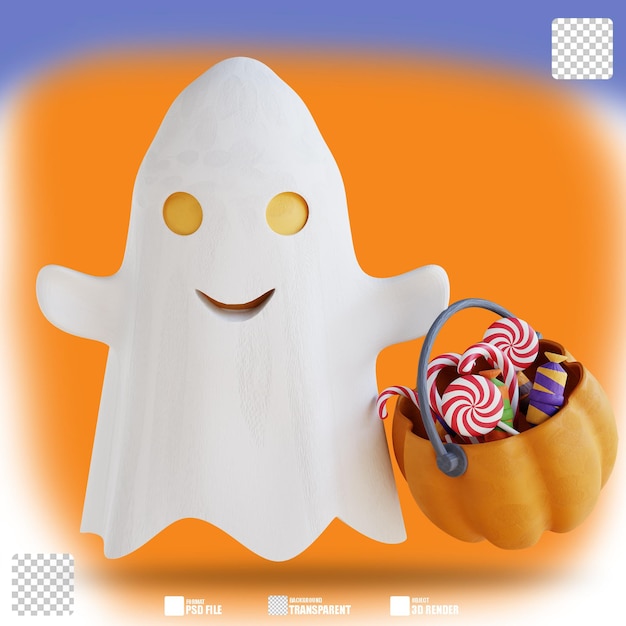 PSD 3d illustration cute ghost and pumpkin filled with candy 3