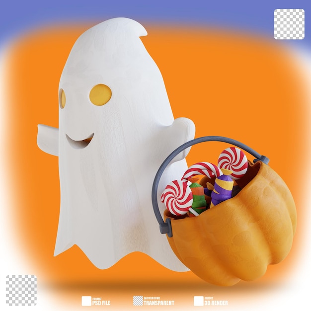 PSD 3d illustration cute ghost and pumpkin filled with candy