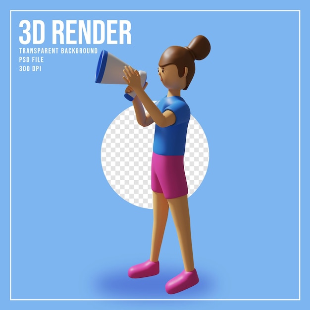 3d illustration of cute girl character holding megaphone for sales announcement and promotion
