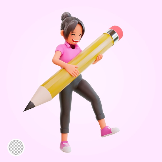 3d illustration cute girl holding pencil