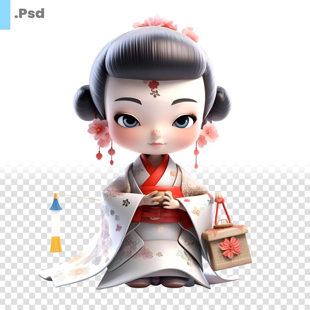 PSD illustrazione 3d di una carina geisha giapponese con un modello psd di scatola regalo