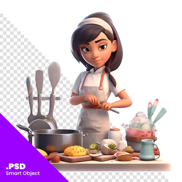 PSD illustrazione 3d di una bambina carina che cucina nel modello psd della cucina