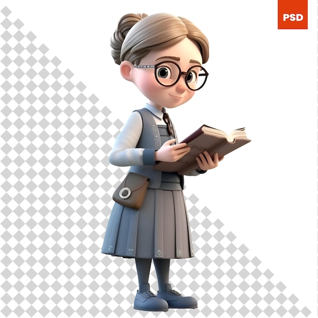 PSD 3d illustration of a cute schoolgirl with glasses holding a book