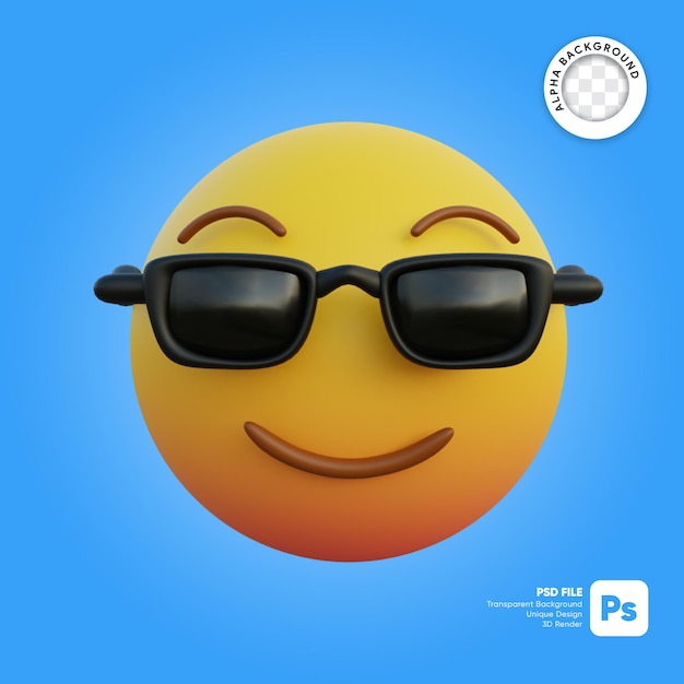 PSD illustrazione 3d simpatica emoticon di espressione sorridente mentre indossa occhiali da sole