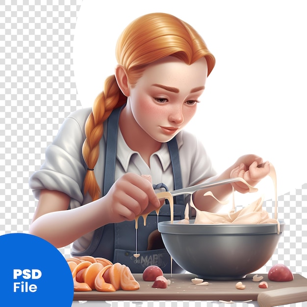 PSD 3d illustration of a cute young woman making dough for pastries psd template