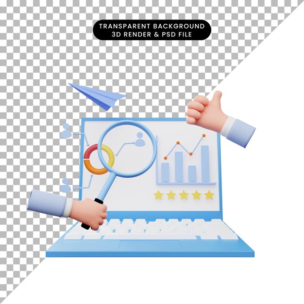 PSD 3d illustration of data analysis report on laptop