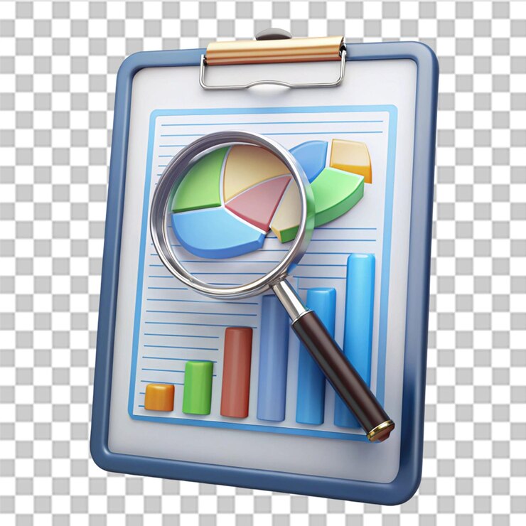 PSD 3d illustration data report board with magnifying glass isolated on transparent background
