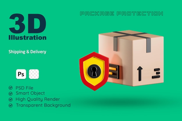 透明な背景に分離された保護シールド付きの3dイラスト配信ボックス
