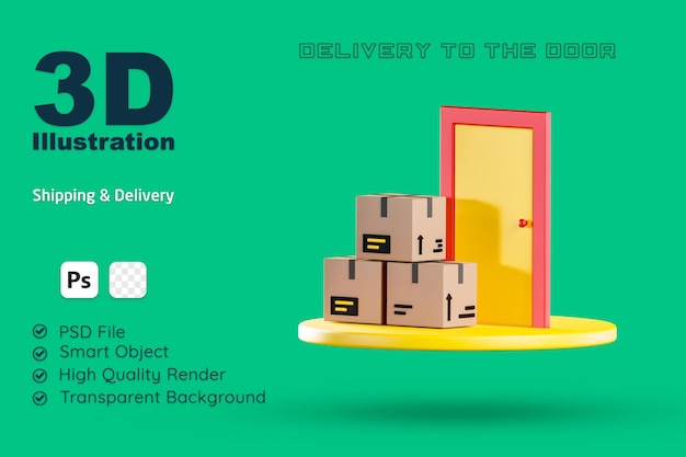 PSD 3d illustration delivery boxes in front of house door isolated on transparent background