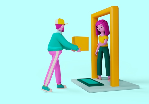 3d illustration of delivery man character giving box to woman