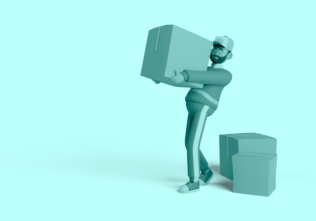 3d illustration of delivery man character holding delivery box