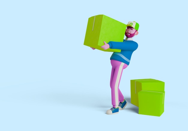3d illustration of delivery man character holding delivery box