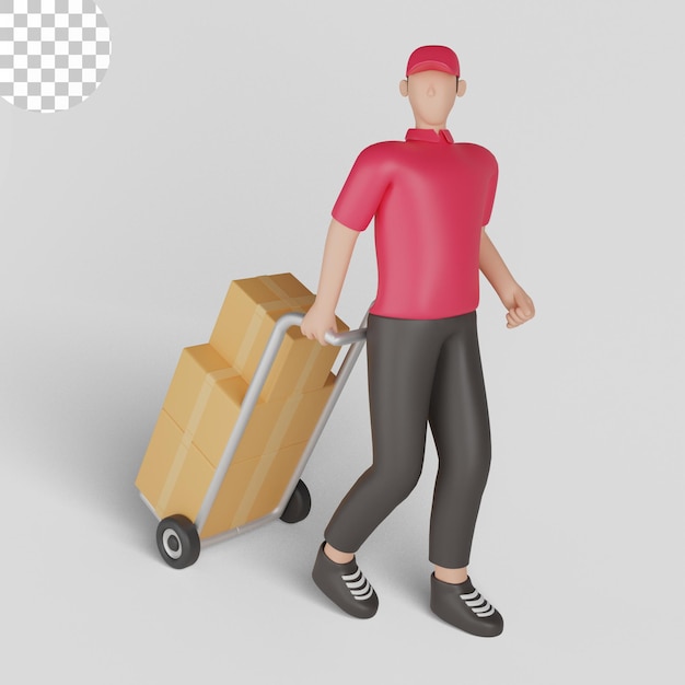 3d illustration of a delivery man wearing a red shirt carrying a shipment. premium psd