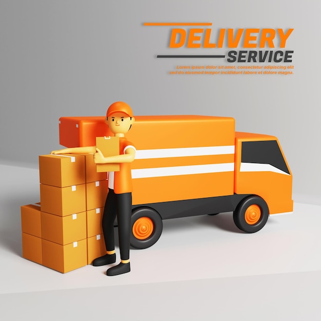 PSD 3d illustration of delivery service courier checking package list on paper note