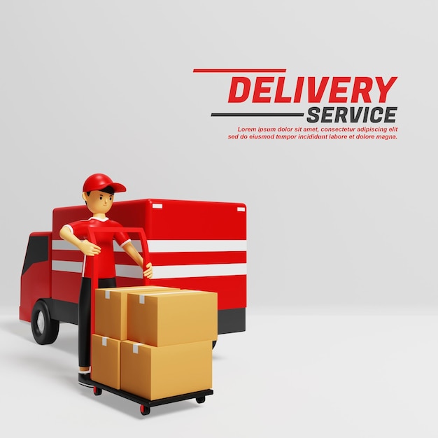 PSD 3d illustration of delivery service courier pushing a cardboard trolley on the side of a truck car