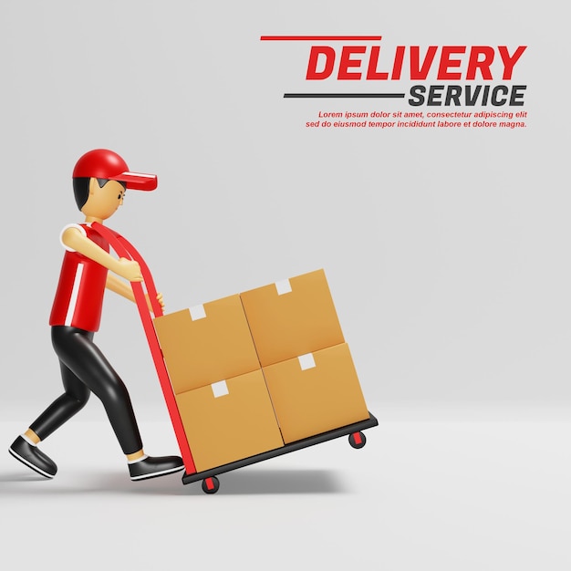 3d illustration of delivery service courier pushing cardboard trolley