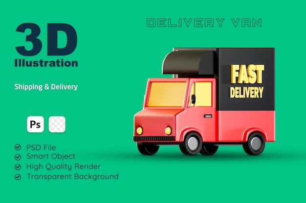 3d illustration delivery van fast delivery text isolated on transparent background