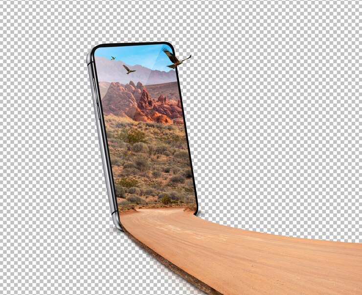 3d illustration of desert road coming out of smart phone desert landscape view in mobile psd png