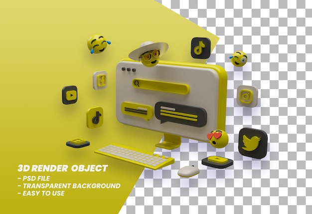 3d illustration design computer display with emoticon elements premium psd