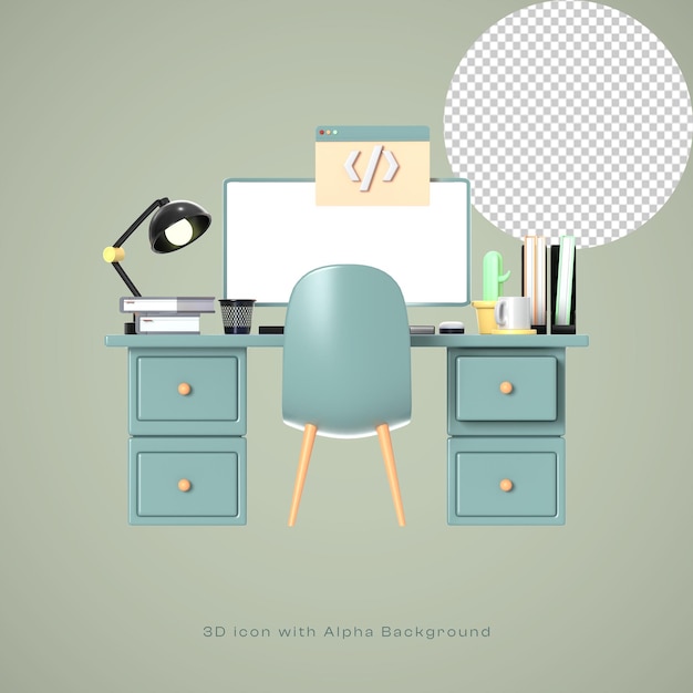 PSD 3d illustration of desktop with a computer on top with high quality render