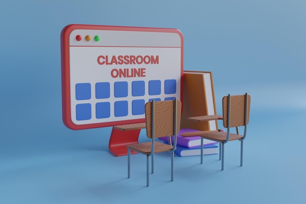 デジタル教室オンライン教育インターネットの 3 D イラストレーション。オンラインのデジタル教室のコンセプト