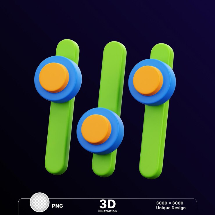 PSD 3d illustration of digital screen with three on off button on green board in transparent background