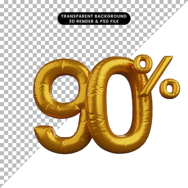 3d illustration of discount balloon numeral text concept golden 90%