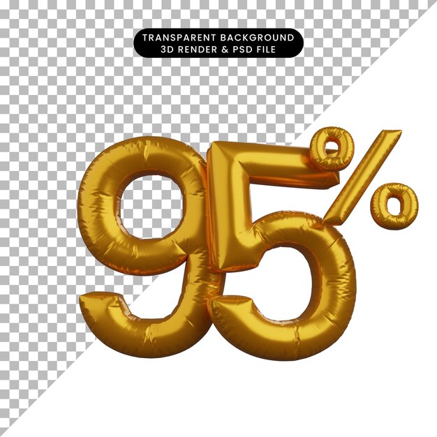 Illustrazione 3d del concetto di testo numerico del palloncino di sconto golden 95%