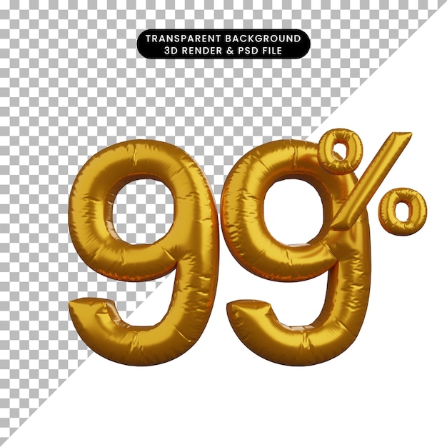 Illustrazione 3d del concetto di testo numerico del palloncino di sconto dorato 99%