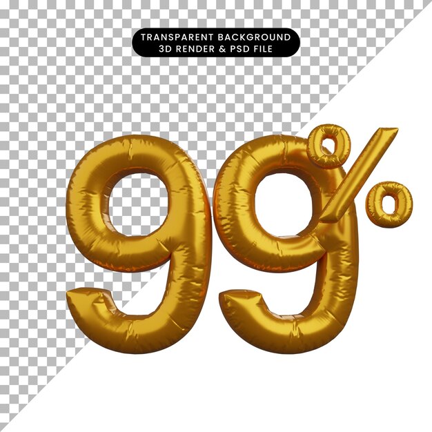 Illustrazione 3d del concetto di testo numerico del palloncino di sconto dorato 99%